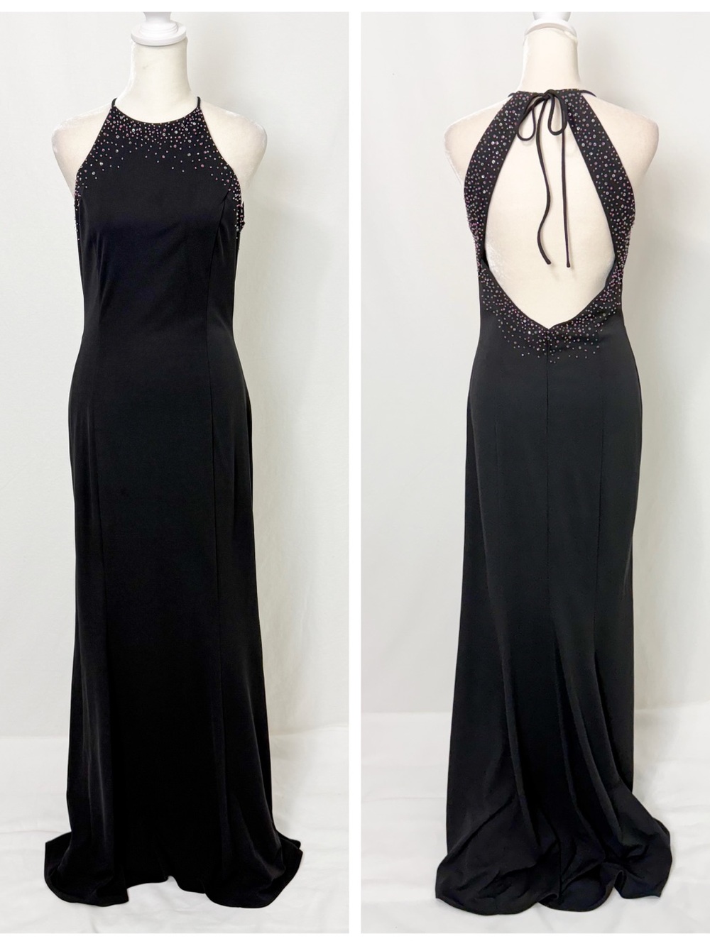 Vintage Y2K Black Backless Halter Evening Gown with Pink Beaded Neckline